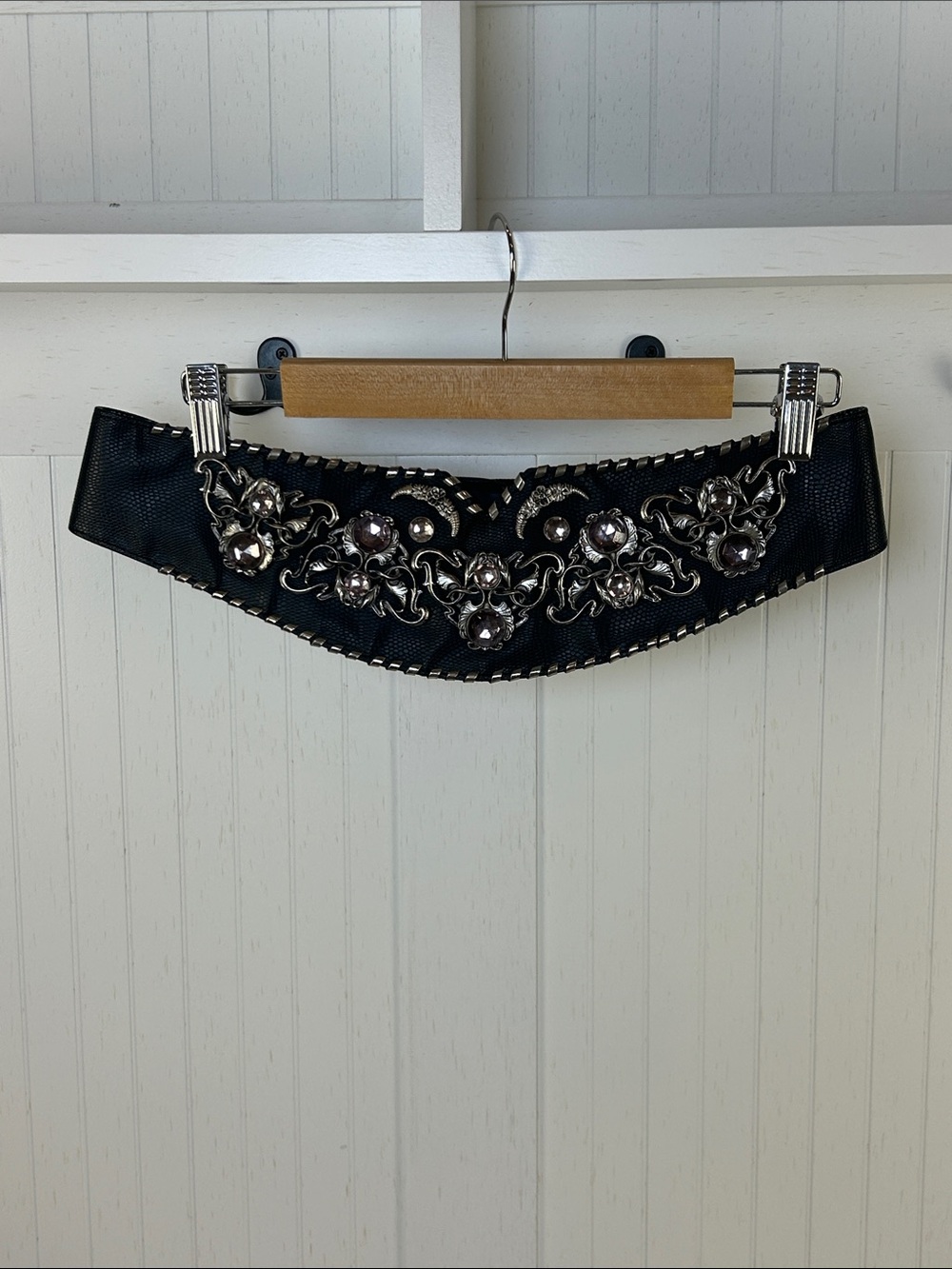 Vintage Wide Black Jeweled Statement Belt Silver Filigree Glam Y2K